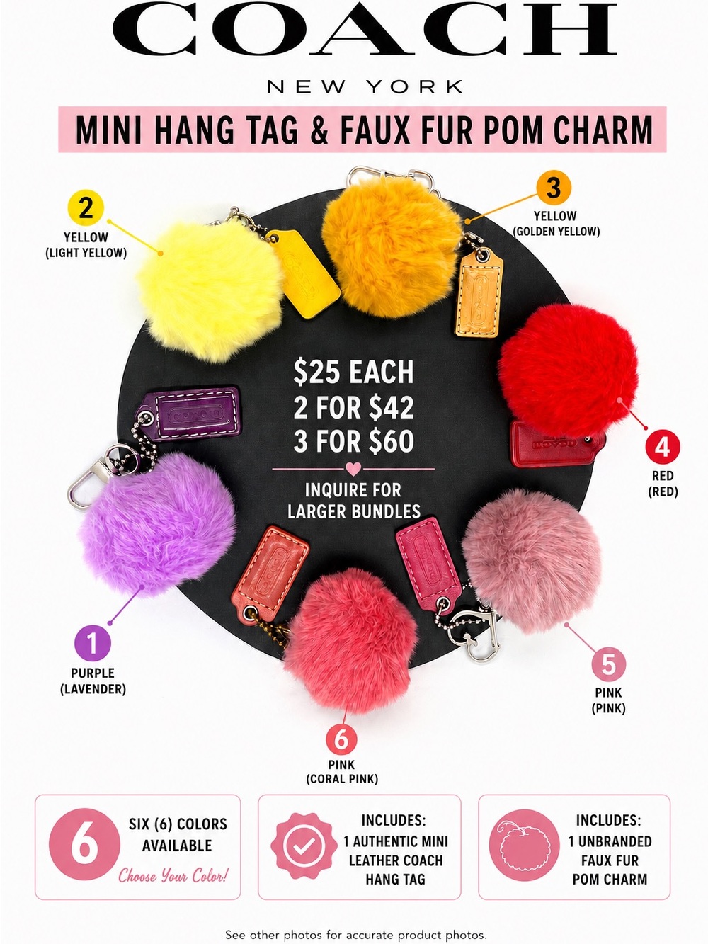 Coach Mini Hang Tag & Faux Fur Pom Charm Sets, Choose Color #1-#6, Bundle & Save